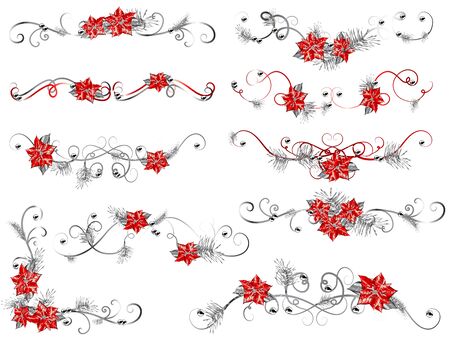 Christmas flower borders with red poinsettiaのイラスト素材