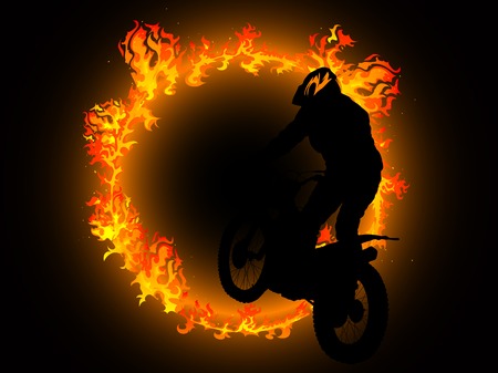 Silhouette of motorcyclist and fire circleのイラスト素材