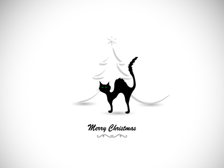 Silhouette of black cat and Christmas tree- vector illustrationのイラスト素材