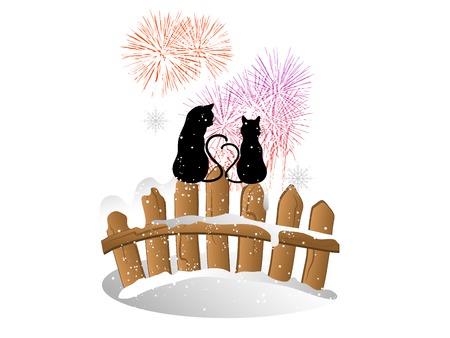 Christmas card with cats on the fenceのイラスト素材