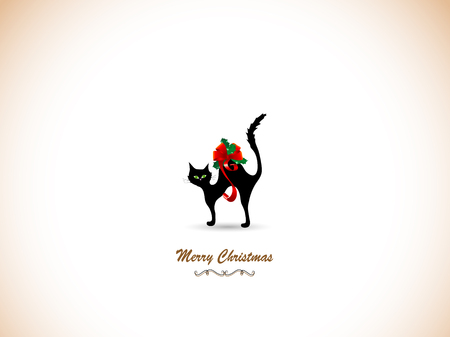 Silhouette of black cat with a red bow for Christmas greeting cardのイラスト素材