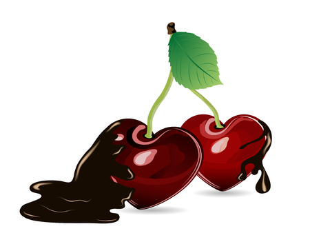 Fresh red cherries as heart in chocolate splashのイラスト素材