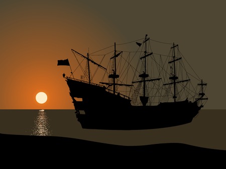 Black silhouette of the pirate ship isolated on sea level, Vector illustration.のイラスト素材