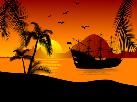 Black silhouette of the pirate ship in sunsetのイラスト素材