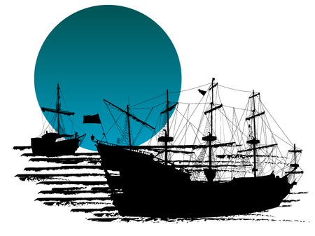 Black silhouette of two pirate ships against blue moonのイラスト素材