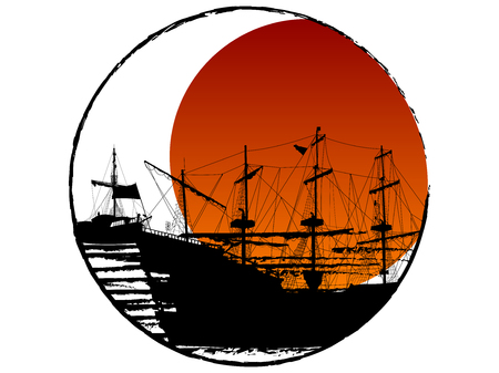 Black silhouette of two pirate ships against red sunのイラスト素材