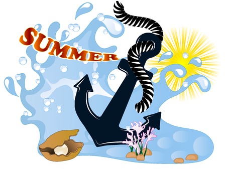 Summer background with wave, anchor and sunのイラスト素材