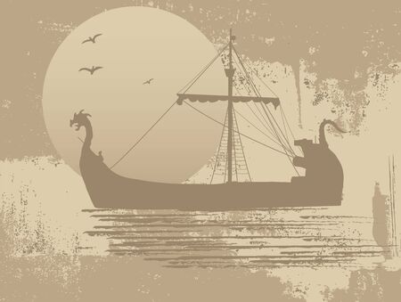 Silhouette of the dragon ship on vintage backgroundのイラスト素材