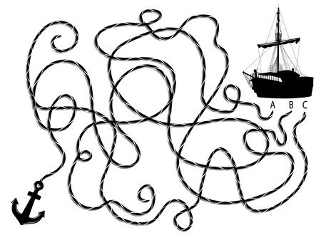 Black silhouette of maze with pirate ship and anchorのイラスト素材