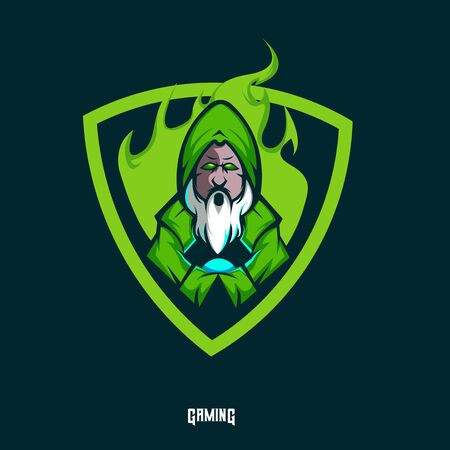 Wizard wearing a robe with old man face holding a magical ball esport logo suitable for team logo and mascot logoのイラスト素材