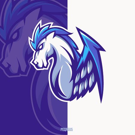 Pegasus athletic club vector logo concept isolated on dark background for badge, emblem and t shirt printing. Modern sport team mascot badge design.のイラスト素材