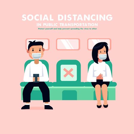 Flat style vector illustration. Social Distancing Prevent Corona Virus Covid 19, Attention, Awareness. Social distancing in public transportationのイラスト素材