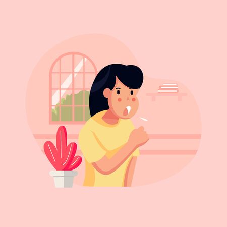 Flat style vector illustration, girl or women or people with fever. cough and need medical help. sickness concept. for website landing page, poster, pamphlet or any designのイラスト素材