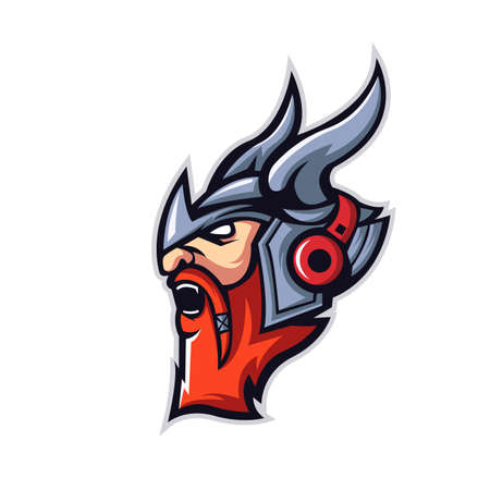 Viking mascot logo design vector with modern illustration concept style for badge, emblem and t shirt printing. Angry Viking wear a headset illustration for sport and e-sport team.のイラスト素材