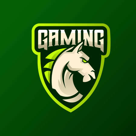 Horse head athletic club vector logo concept isolated on green background. Modern sport team mascot badge design. E-sports team logo template with horse vector illustrationのイラスト素材