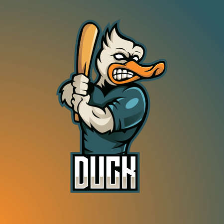 Duck mascot logo design vector with modern illustration concept style for badge, emblem and t shirt printing. illustration of a duck carrying a baseball stickのイラスト素材