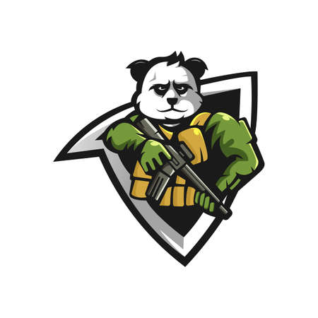 Panda mascot logo design vector with modern illustration concept style for badge, emblem and t-shirt printing. panda carrying a weapon on a white backgroundのイラスト素材