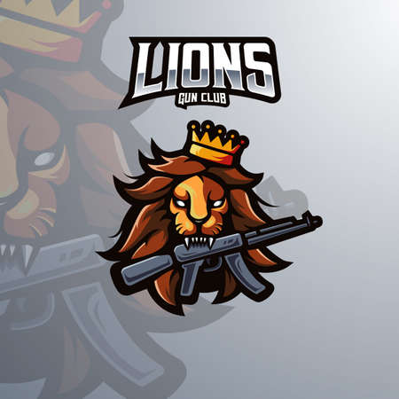 Lion King Mascot Logo Design Illustration Vector. The lion carries a rifle for gun clubのイラスト素材