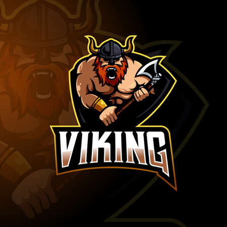 Viking mascot logo design vector with modern illustration concept style for badge, emblem and t shirt printing. Illustration of a viking carrying an ax for sport, gaming or teamのイラスト素材
