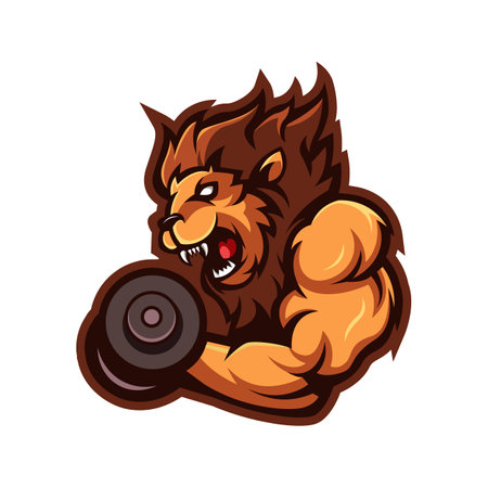Lion lifting dumbbells sport mascot logo design illustration vector isolated on white backgroundのイラスト素材