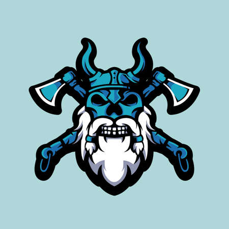 viking skull with two axes mascot  design illustration vector isolated on blue backgroundのイラスト素材