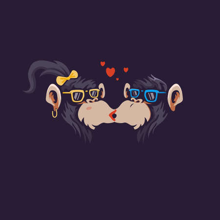 Lovely monkey couple kissing cartoon mascot logo design illustration vectorのイラスト素材