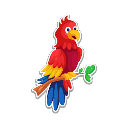cute macaw bird perched on a tree branch cartoon illustrationのイラスト素材