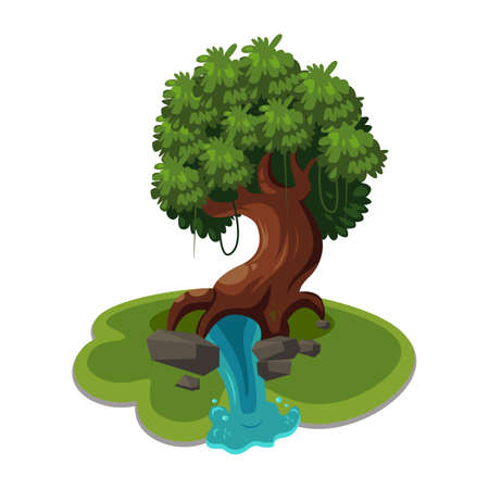 tree with spring under it cartoon vector illustrationのイラスト素材