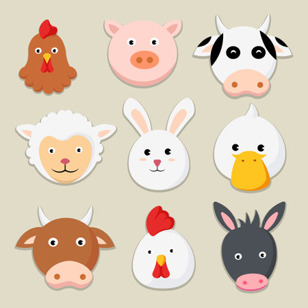 Farm animals cartoon icons set of chicken pig cow sheep rabbit duck bull chick donkey vector illustrationのイラスト素材