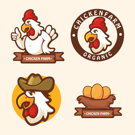 Chicken logo. Organic farm food logotype cooking egg and bird broilers cartoon vector illustrationのイラスト素材