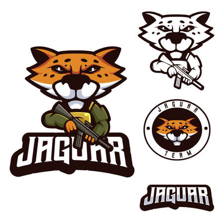 Jaguar in military style. Jaguar cartoon set mascot logo design with modern illustration concept style for badge, emblem and t shirt printingのイラスト素材
