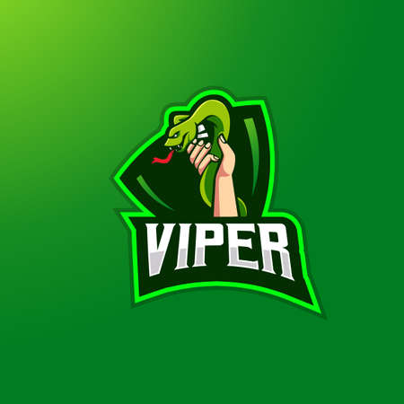 Hand holding venomous snake. Viper mascot logo design vector with modern illustration concept style for badge, emblem, gaming, esport and teamのイラスト素材
