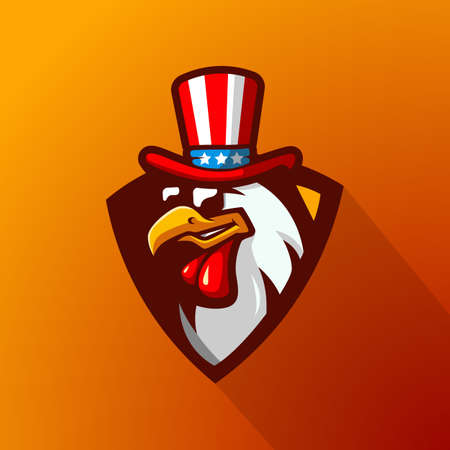 Illustration logo of chicken wearing a hat and glasses in a frame for sport, team, gaming or esportsのイラスト素材