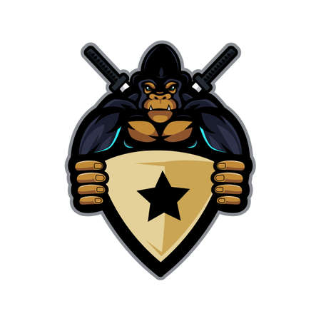 Gorilla with two swords and holding a shield, mascot logo design vector with modern illustration concept style for gaming, team, sport or esportのイラスト素材