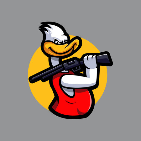 Illustration of duck carrying a rifle wearing a t shirt with the sun in the backgroundのイラスト素材