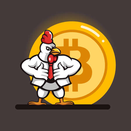 Illustration of chicken manager wearing tie with crypto currency coinのイラスト素材