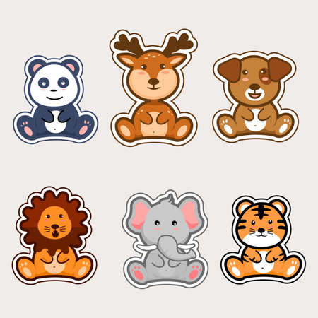 Favorite cartoon animals consist of panda, deer, dog, lion, elephant and tigerのイラスト素材