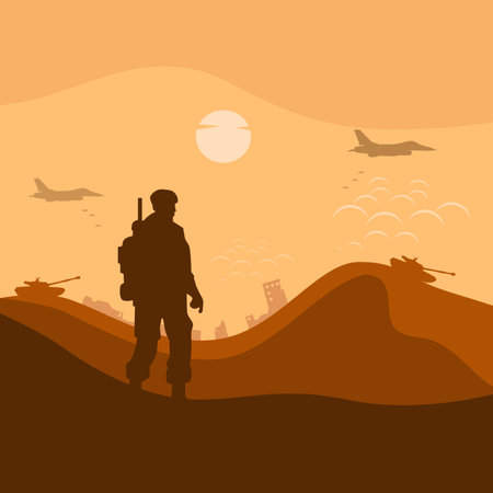 Desert war illustration, army background, soldier silhouette, Artillery, Cavalry, Airborne, warplane, city destruction, middle east.のイラスト素材