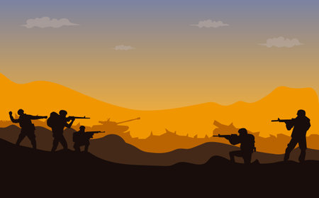 War military vector illustration, soldier background, soldier silhouette, Artillery, Cavalry, Tank.のイラスト素材