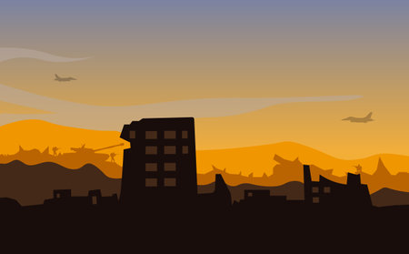 City destroyed by war vector illustration, soldier background, soldier silhouette, Artillery, Cavalry, Tank, Warplane.のイラスト素材