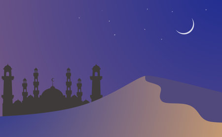 Landscape illustration of awal Ramadan kareem with silhouette of mosque in desertのイラスト素材
