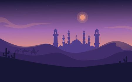 Landscape illustration of final Ramadan kareem with silhouette of mosque in desertのイラスト素材