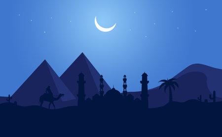 Landscape illustration of Ramadan kareem with silhouette of mosque, pyramid, camel and date palm in desertのイラスト素材