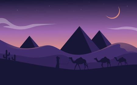 Landscape illustration of Ramadan kareem with silhouette of pyramid, camel and cactus in desertのイラスト素材