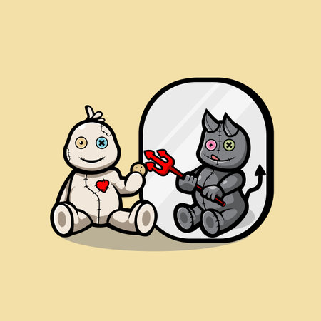 voodoo mascot cartoon design vector. funny voodoo illustration. Cute voodoo doll with devil on mirrorのイラスト素材