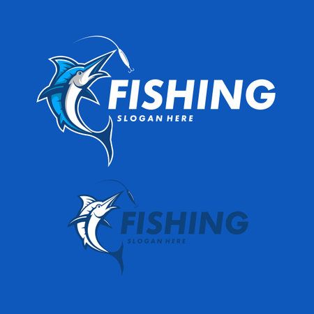 Fishing logo design illustration vector. Marlin eats the fishing baitのイラスト素材