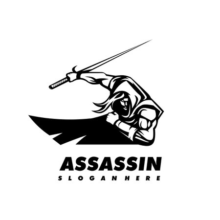 Assassin logo design vector. Ninja use sword in black and whiteのイラスト素材