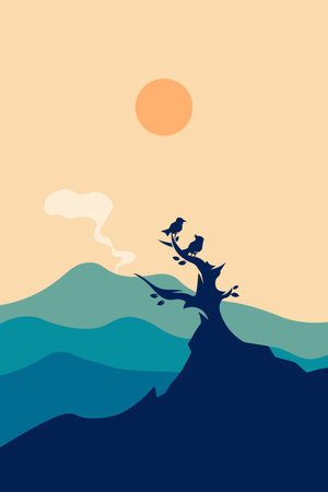 Flat Design Morning Silhouette Landscape With Mountains and Birds
のイラスト素材