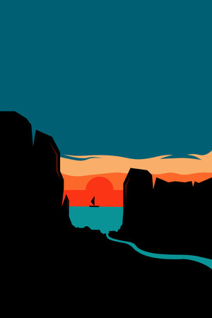 Flat Design Morning Silhouette Landscape With Mountains and Mooseのイラスト素材