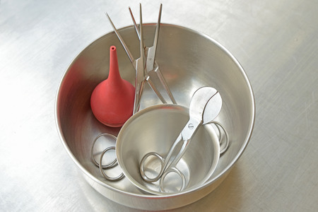 Medical instruments in a steel tray